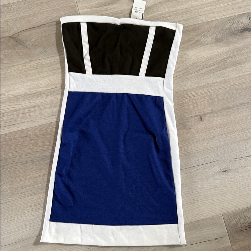 Strapless Colorblock Bodycon Dress in Black, White & Blue